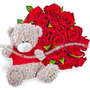 A bouquet of red roses + teddy bear