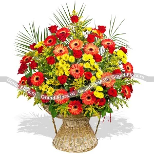 The solemn composition of red gerberas, yellow chrysanthemums