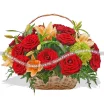 Flower basket of red roses and orange lilies