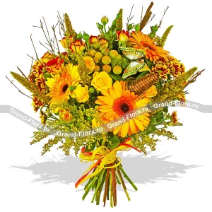 Exquisite bouquet of gerberas, roses and chrysanthemums.